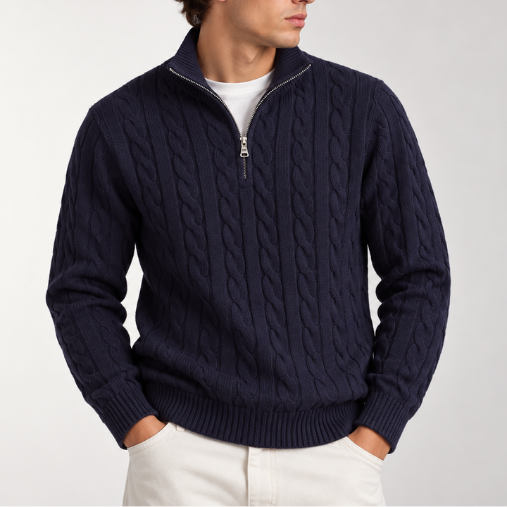 Men's Cable Knit Quarter Zip Jumper with Ribbed Collar