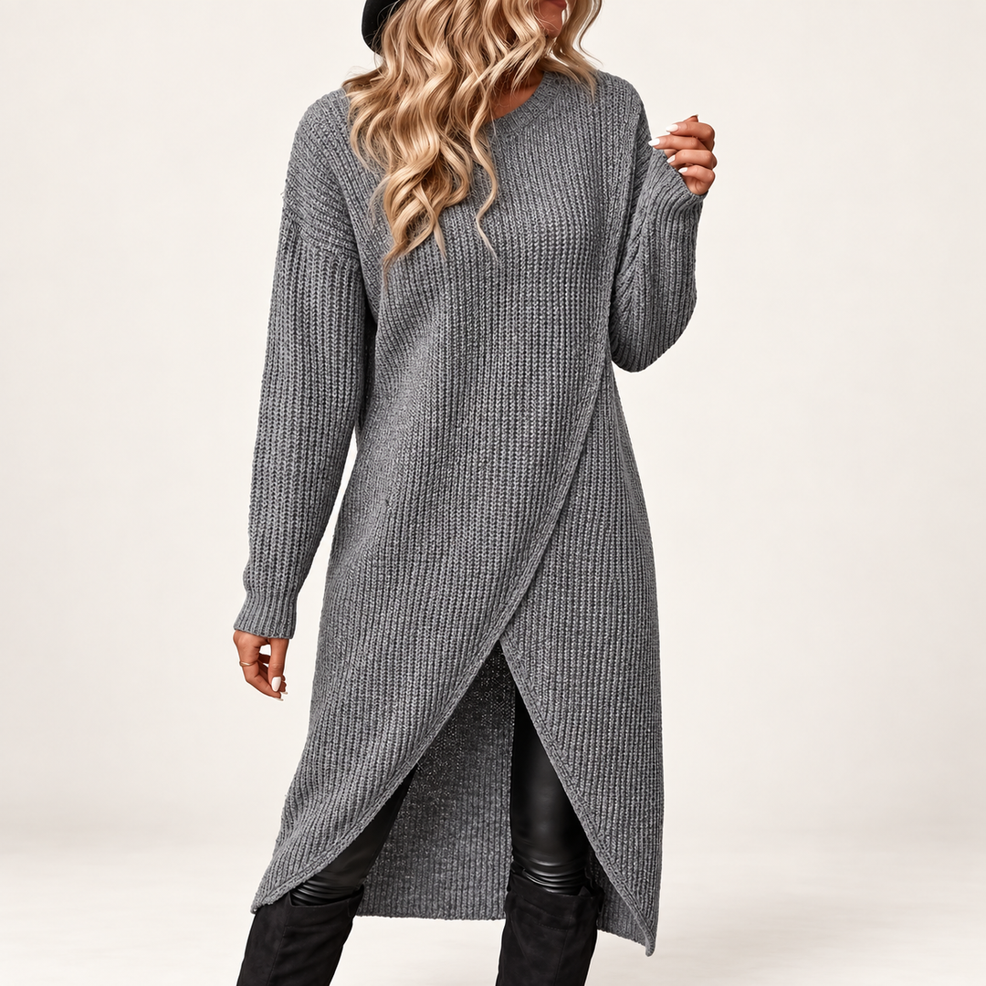 Women's Ribbed Sweater Dress with Asymmetric Hem
