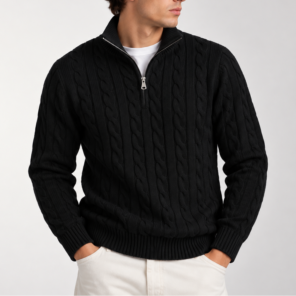 Men's Cable Knit Quarter Zip Jumper with Ribbed Collar