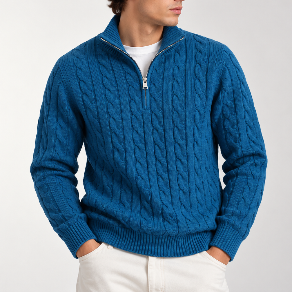 Men's Cable Knit Quarter Zip Jumper with Ribbed Collar
