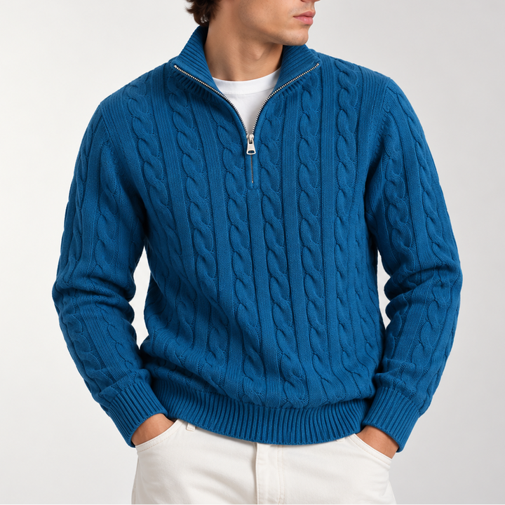 Men's Cable Knit Quarter Zip Jumper with Ribbed Collar