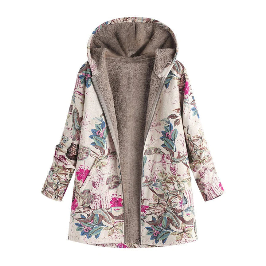 Women’s Floral Print Hooded Coat with Fleece Lining