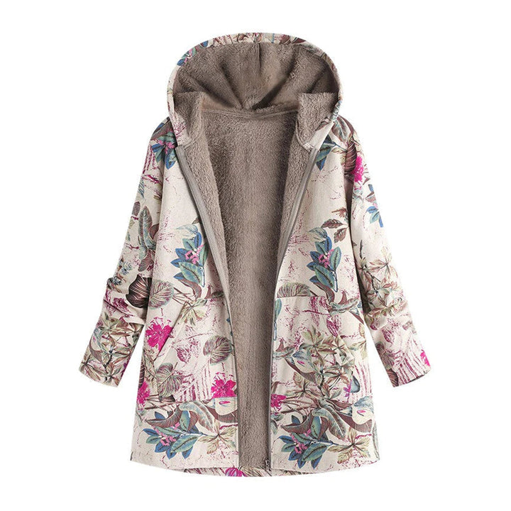 Women’s Floral Print Hooded Coat with Fleece Lining