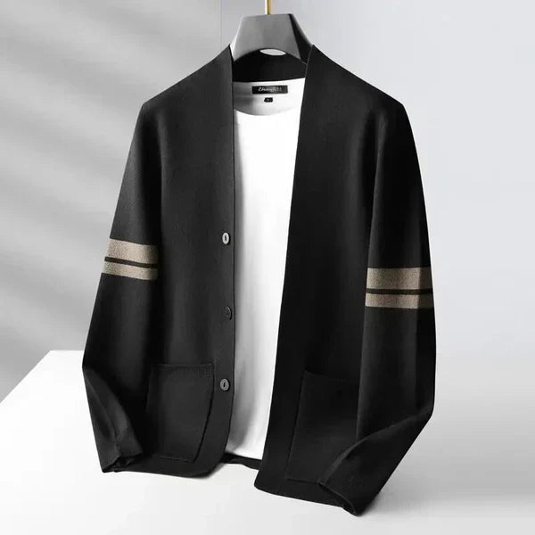 Men's Knitted Cardigan with Striped Sleeve Detail