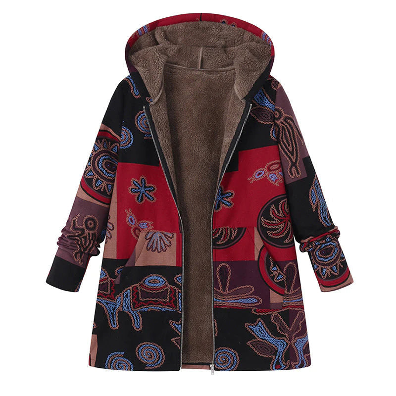 Women’s Floral Print Hooded Coat with Fleece Lining