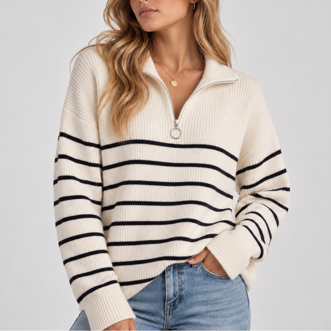 Women's Striped Jumper with Ribbed Quarter Zip