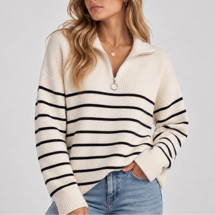 Women's Striped Jumper with Ribbed Quarter Zip