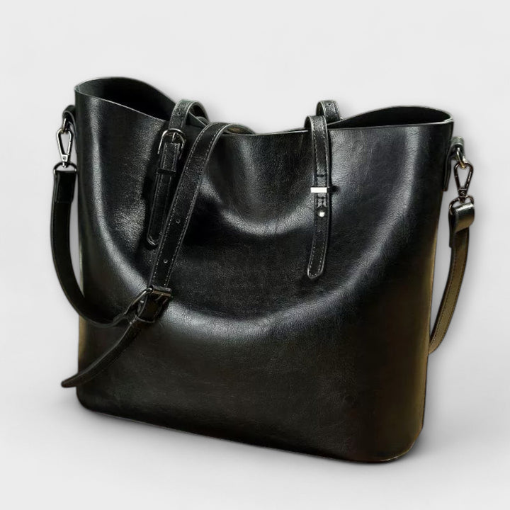 Women's Leather Bucket Tote with Buckle Strap Detail