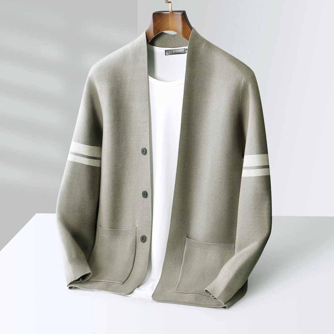 Men's Knitted Cardigan with Striped Sleeve Detail