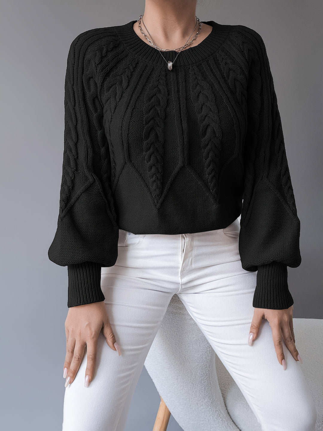 Women's Cable-Knit Cropped Jumper with Lantern Sleeves