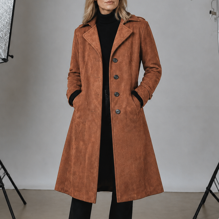 Women's Suedette Longline Trench Coat with Four-Button Front