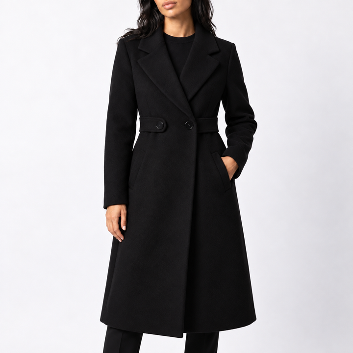 Women's Wool Long Coat with Belted Waist and Wide Lapels