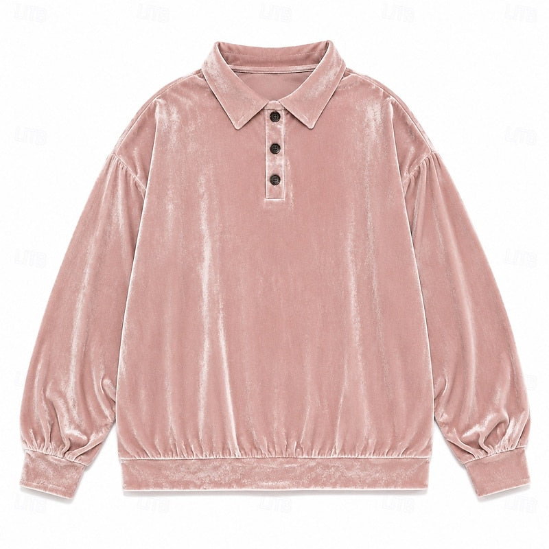 Women's Velvet Collared Top with Button Placket