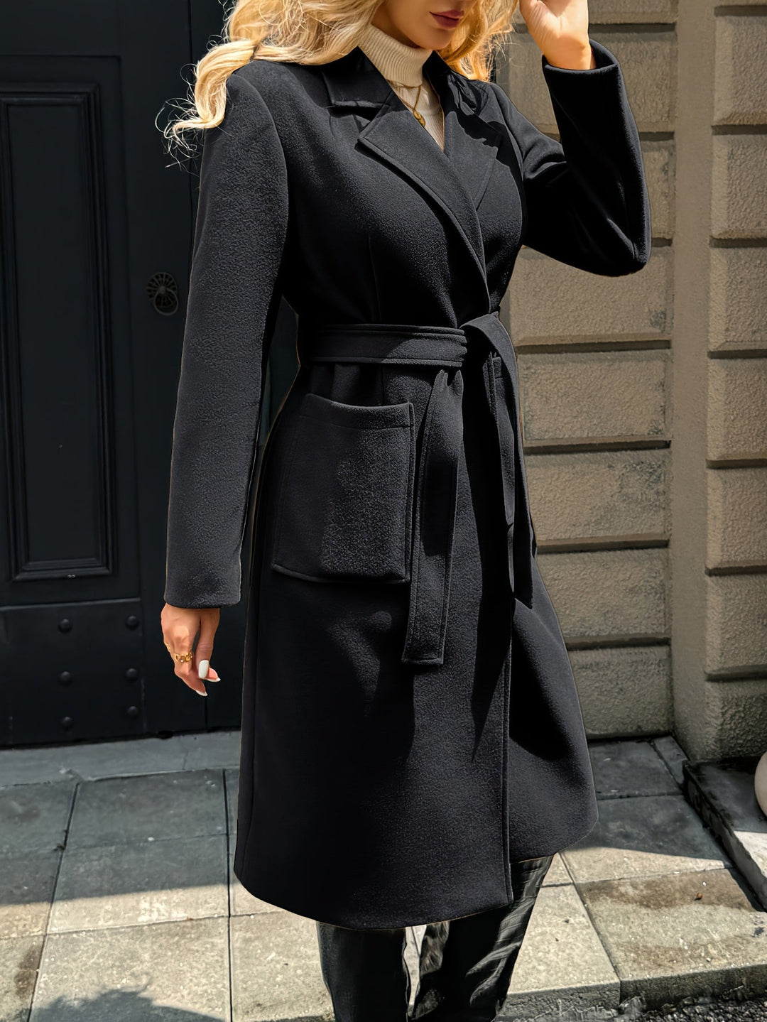 Women's Longline Belted Coat with Patch Pockets