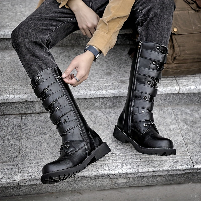 Men's Leather Buckle Strap Combat Boots with Side Zip