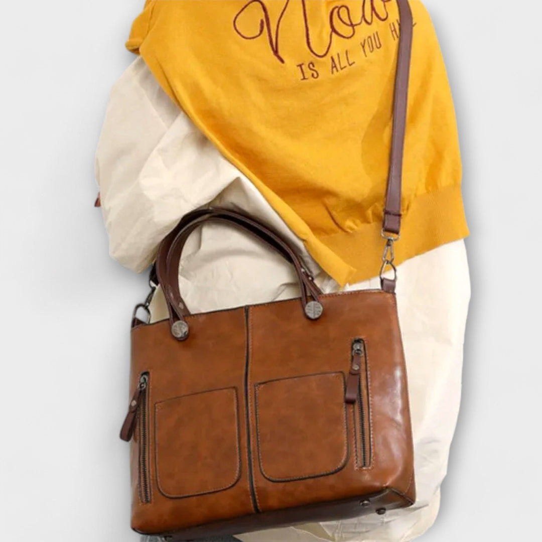 Women's Two-Tone Leather Tote Bag with Front Pockets
