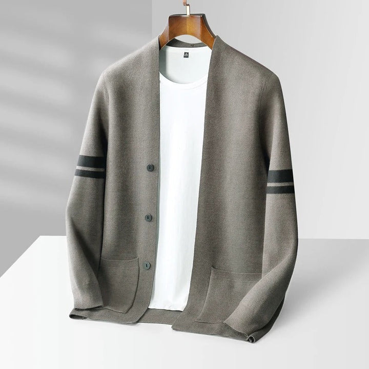 Men's Knitted Cardigan with Striped Sleeve Detail