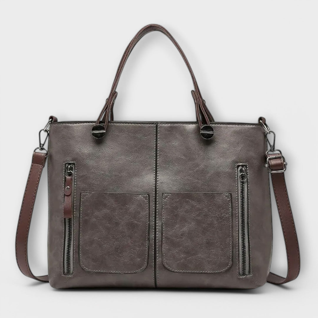 Women's Leather Tote Bag with Front Zip Pockets
