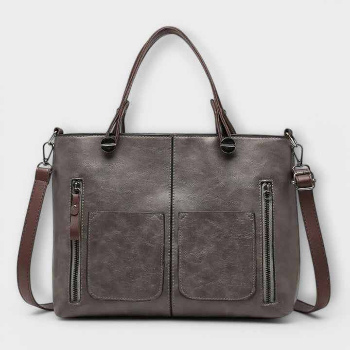 Women's Two-Tone Leather Tote Bag with Front Pockets
