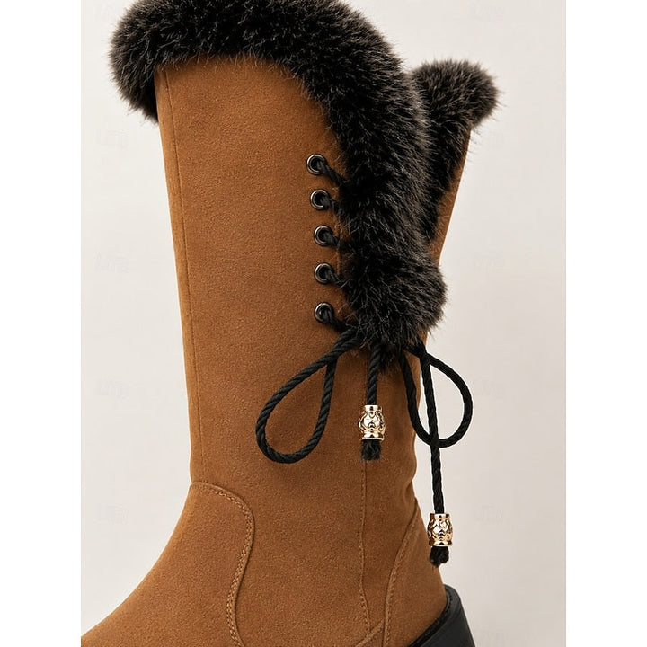 Bottes d’hiver pour femme montant jusqu’au genou, bordées de fourrure, avec détail de laçage