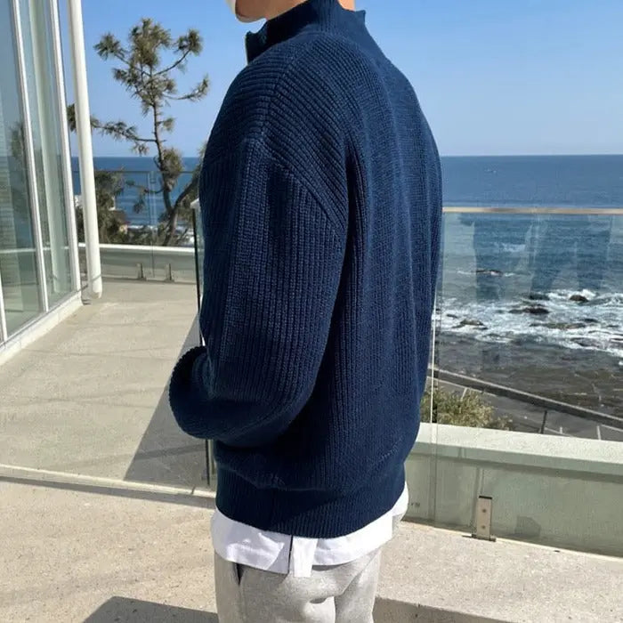 Men's Thick Knitted Half-Zip Sweater with High Collar