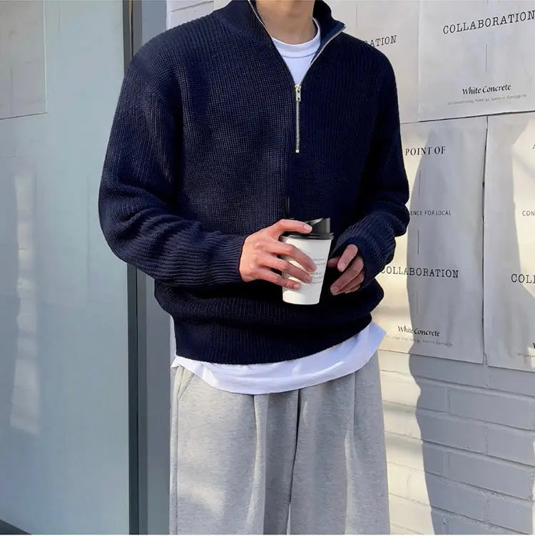 Men's Thick Knitted Half-Zip Sweater with High Collar