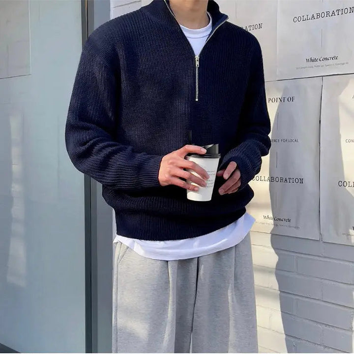 Men's Thick Knitted Half-Zip Sweater with High Collar