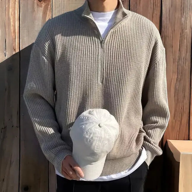 Men's Thick Knitted Half-Zip Sweater with High Collar