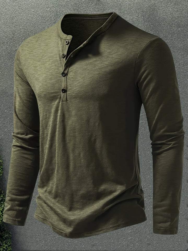 Men's Slub Knit Henley Shirt with Curved Hem