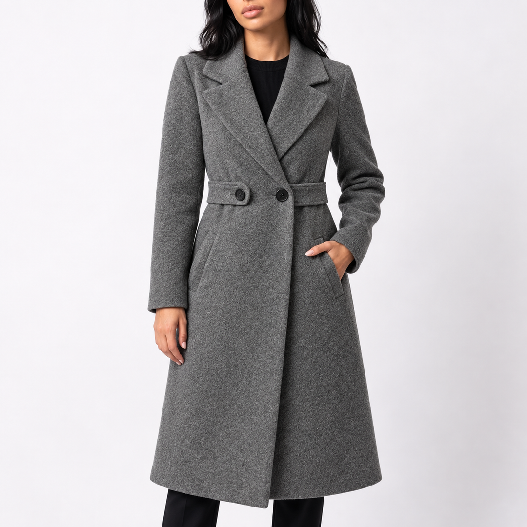 Women's Wool Long Coat with Belted Waist and Wide Lapels