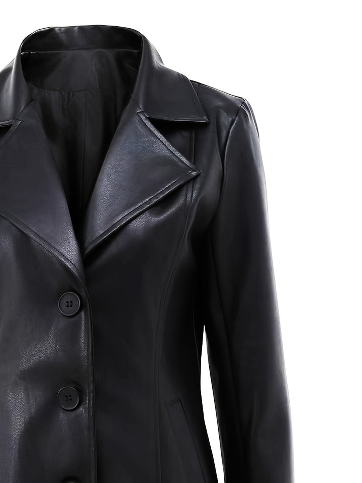 Women's Leather Longline Coat with Notch Lapel