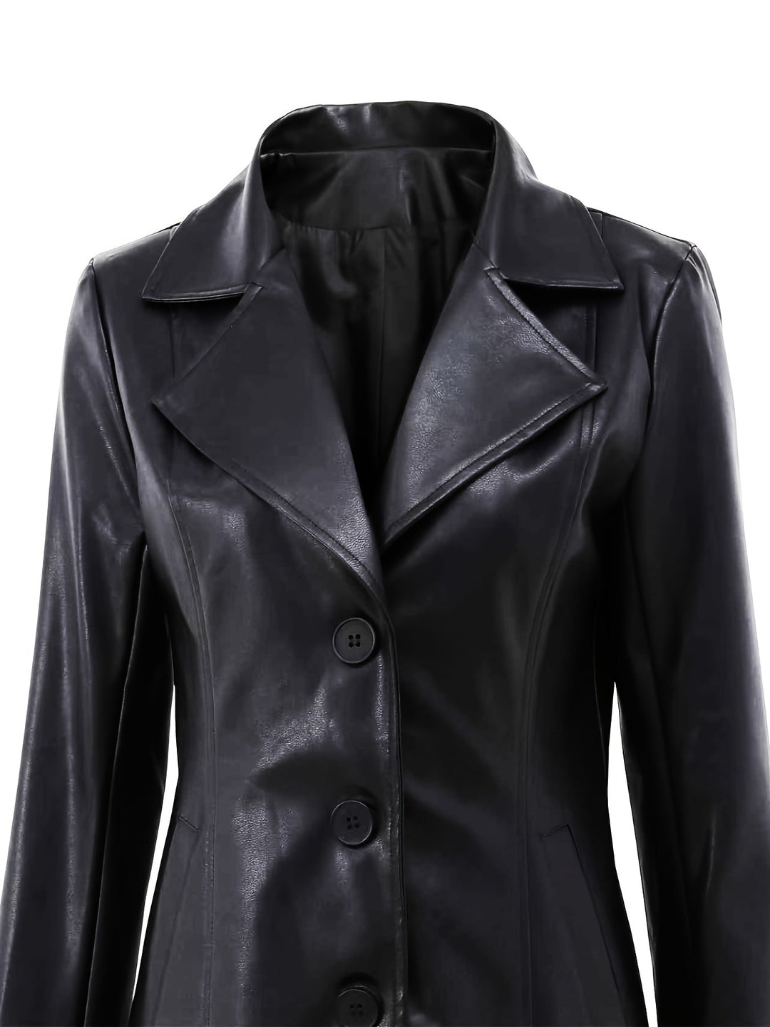 Women's Leather Longline Coat with Notch Lapel