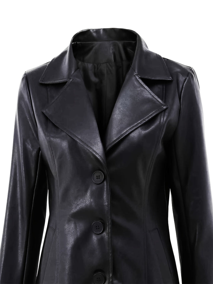 Women's Leather Longline Coat with Notch Lapel
