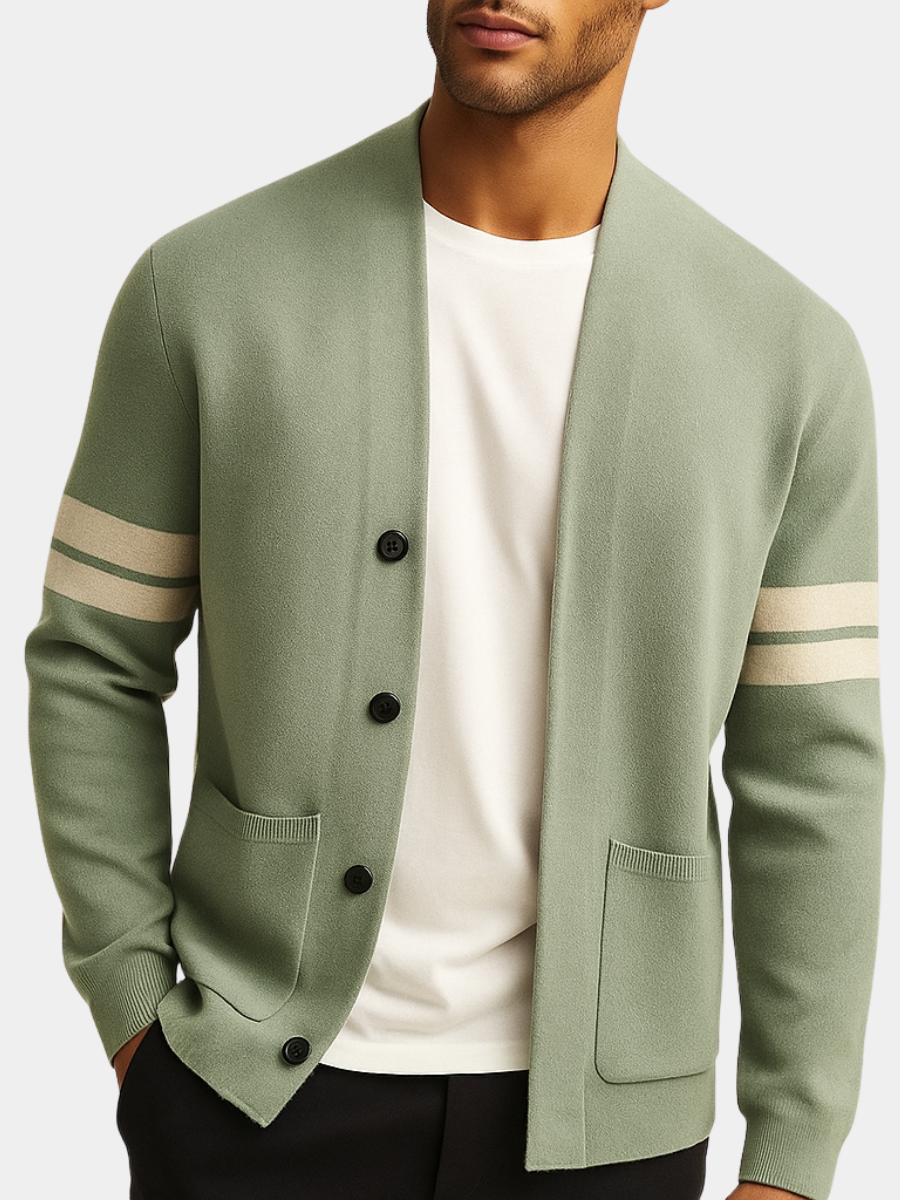 Men's Knitted Cardigan with Striped Sleeve Detail