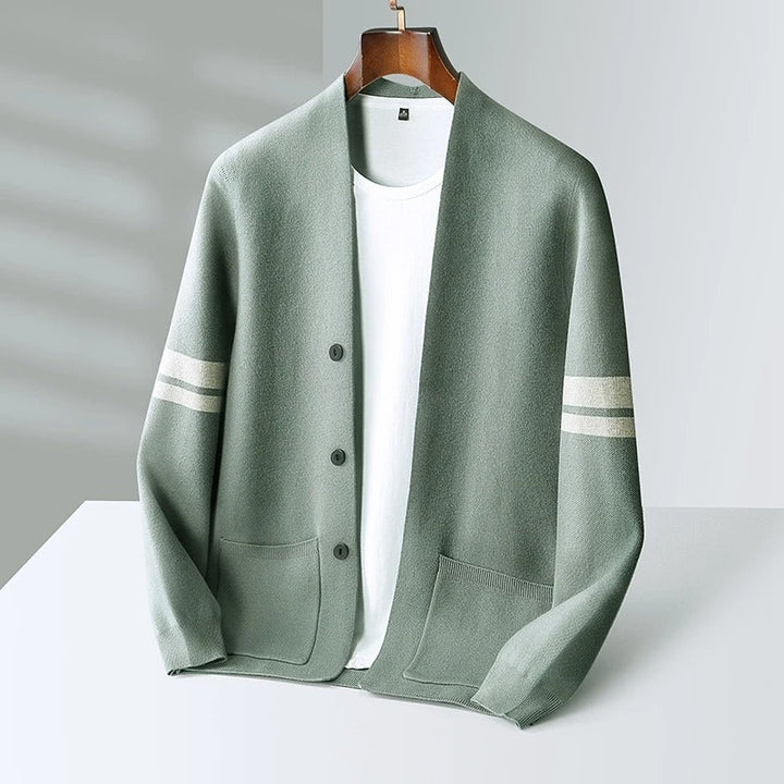 Men's Knitted Cardigan with Striped Sleeve Detail