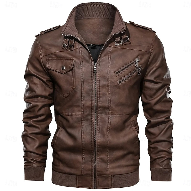 Men's Leather Biker Jacket with Stand Collar