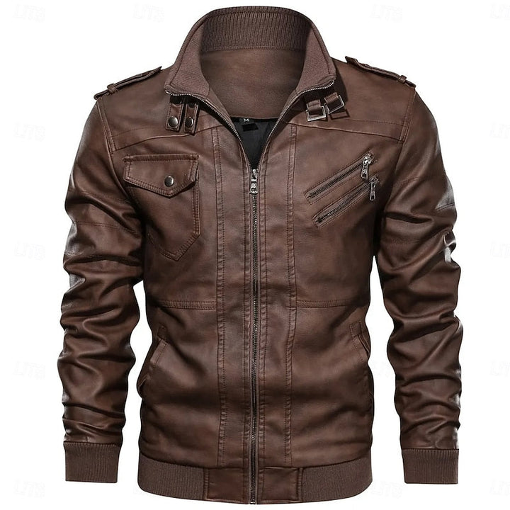 Men's Leather Biker Jacket with Stand Collar