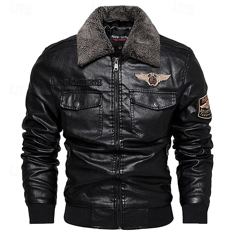 Blouson d’aviateur en cuir pour homme, avec col en fausse fourrure