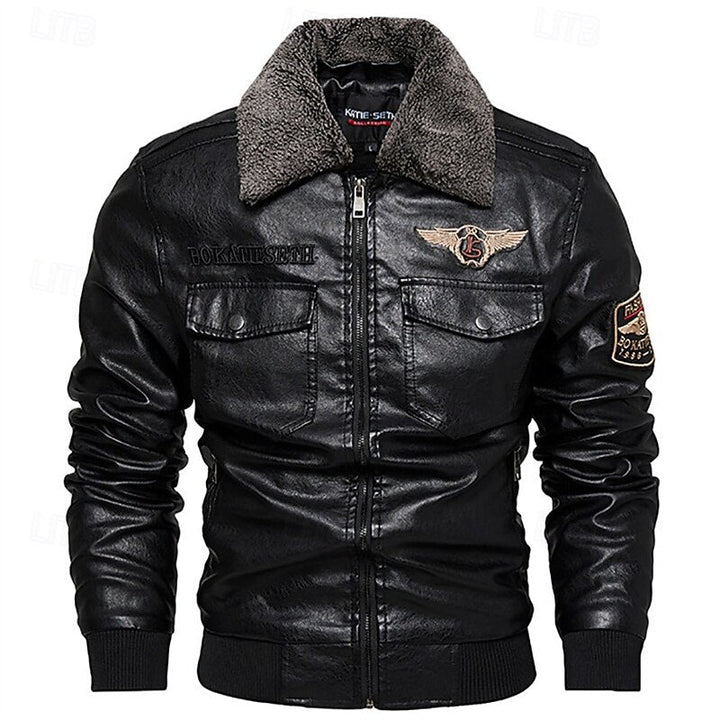 Blouson d’aviateur en cuir pour homme, avec col en fausse fourrure