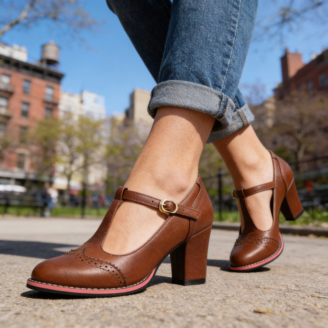Women's Brogue T-Strap Block Heel Shoes