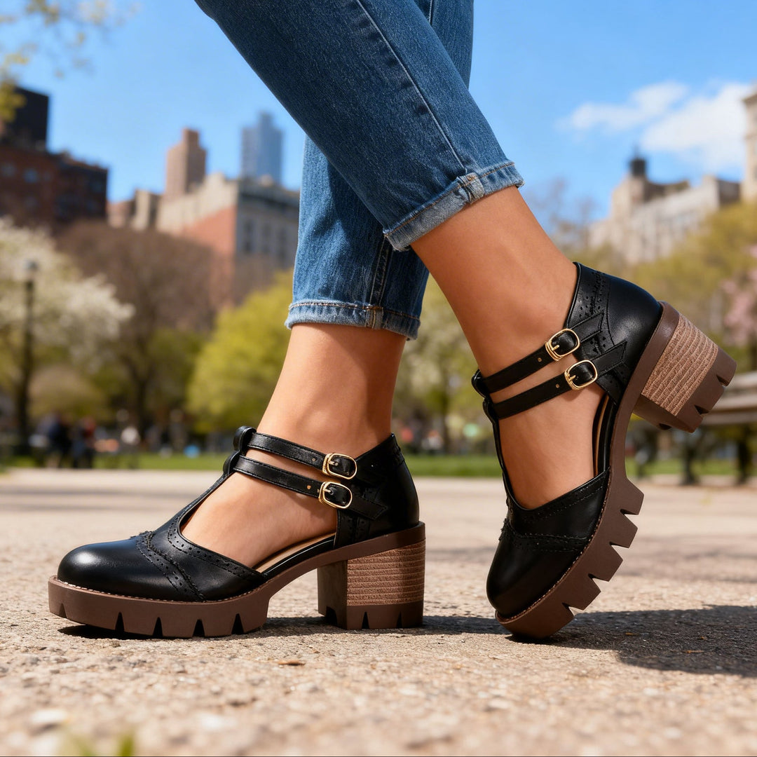 Women's Brogue Mary Jane Loafers with Twin Buckle Strap