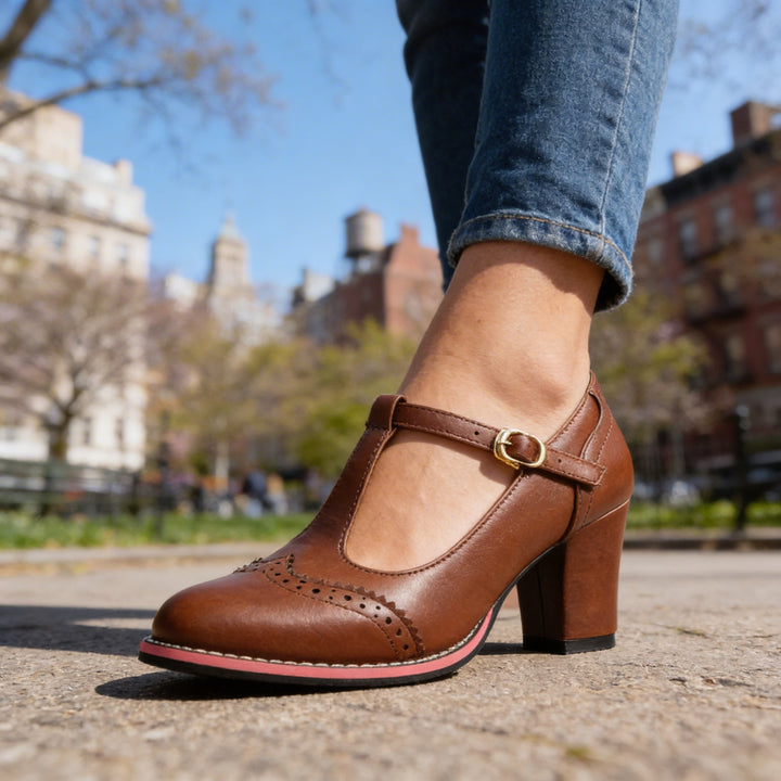 Women's Brogue T-Strap Block Heel Shoes
