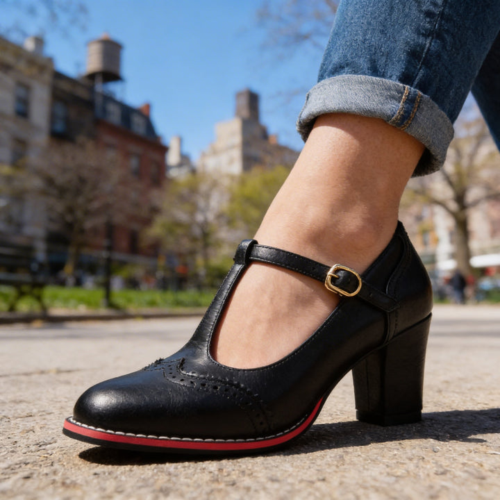 Women's Brogue T-Strap Block Heel Shoes