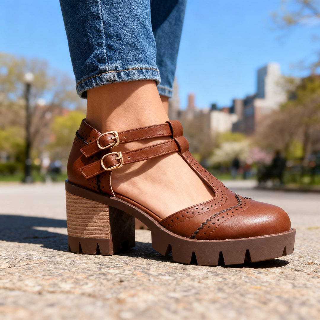 Women's Brogue Mary Jane Loafers with Twin Buckle Strap
