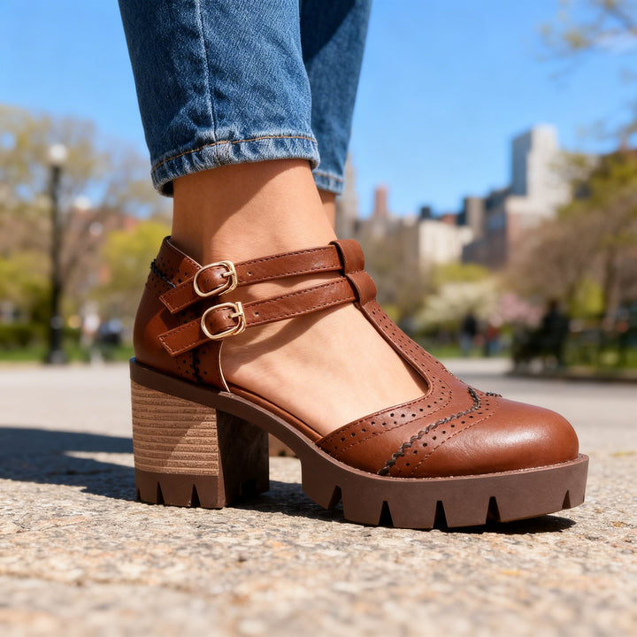 Women's Brogue Mary Jane Loafers with Twin Buckle Strap