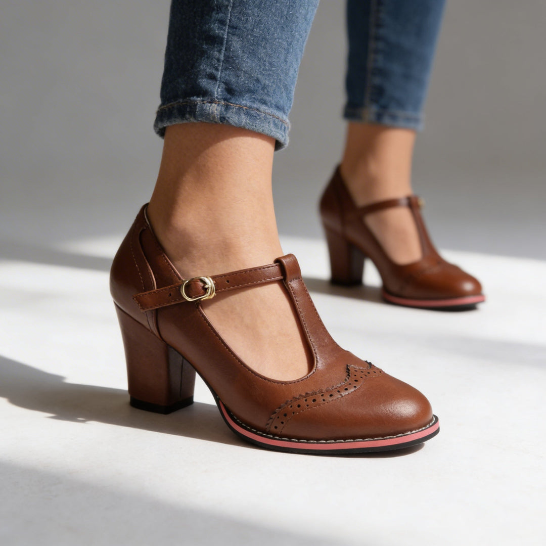 Women's Brogue T-Strap Block Heel Shoes