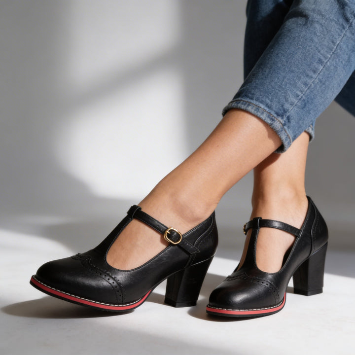 Women's Brogue T-Strap Block Heel Shoes