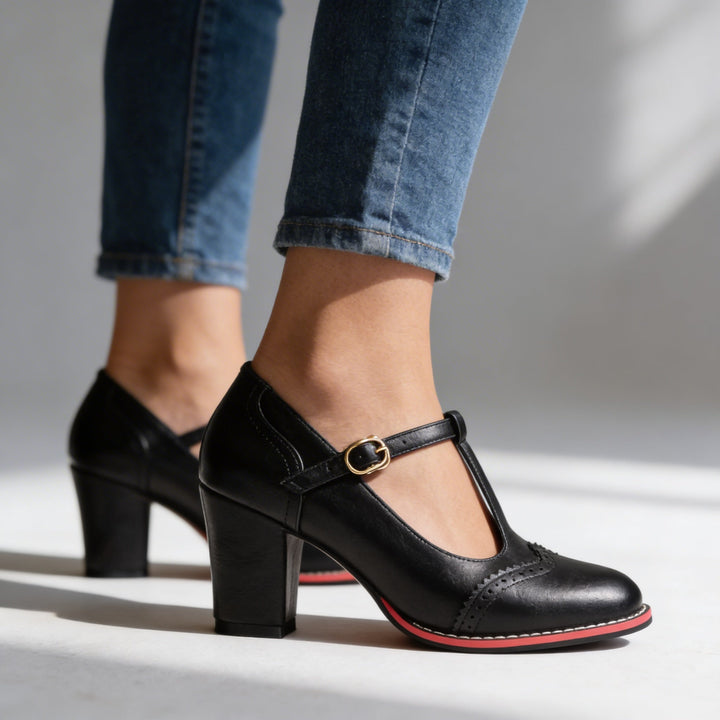 Women's Brogue T-Strap Block Heel Shoes