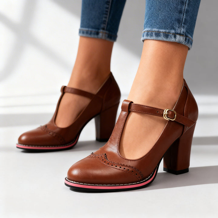 Women's Brogue T-Strap Block Heel Shoes