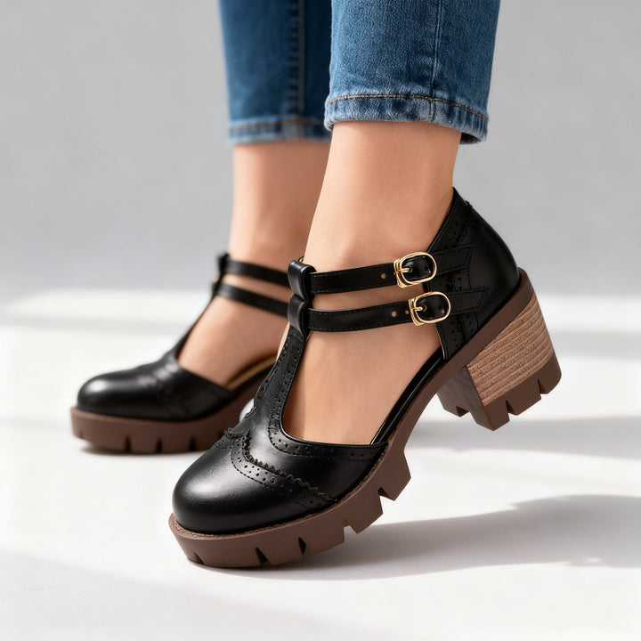Women's Brogue Mary Jane Loafers with Twin Buckle Strap